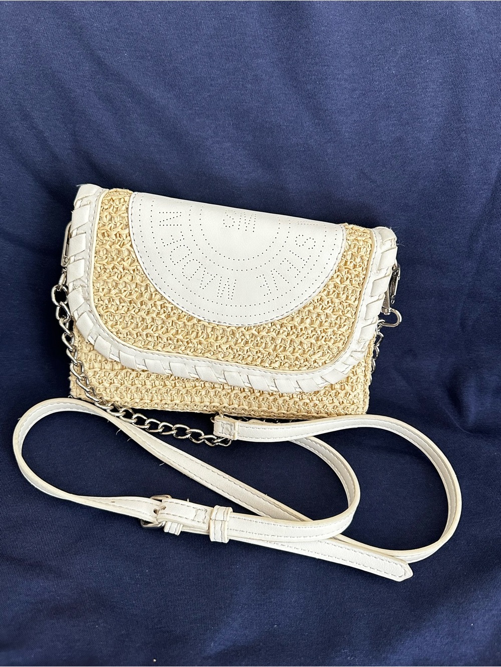 Steve Madden White and Natural Straw Crossbody with Chain Detail